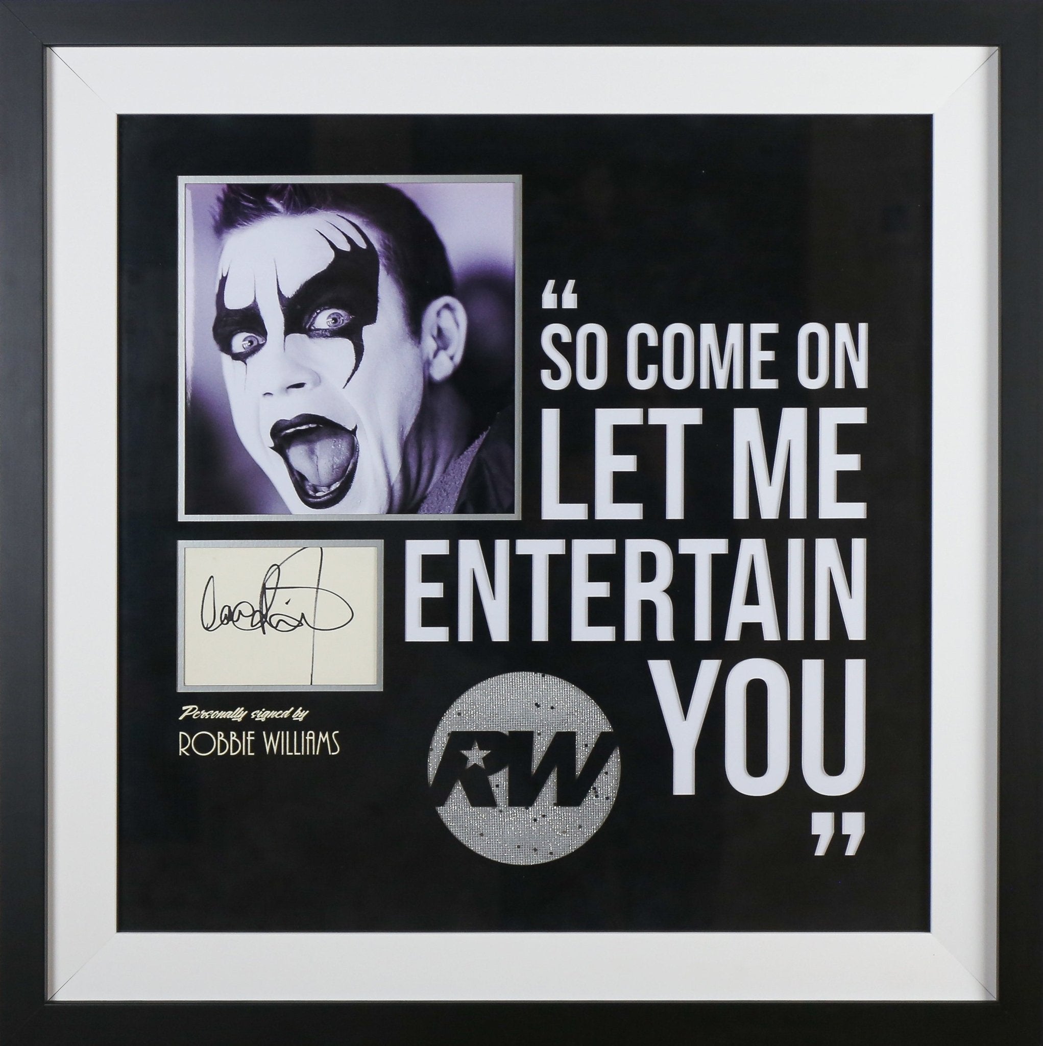 Robbie Williams Signed White card Framed Display - Memorabilia Framers Shop